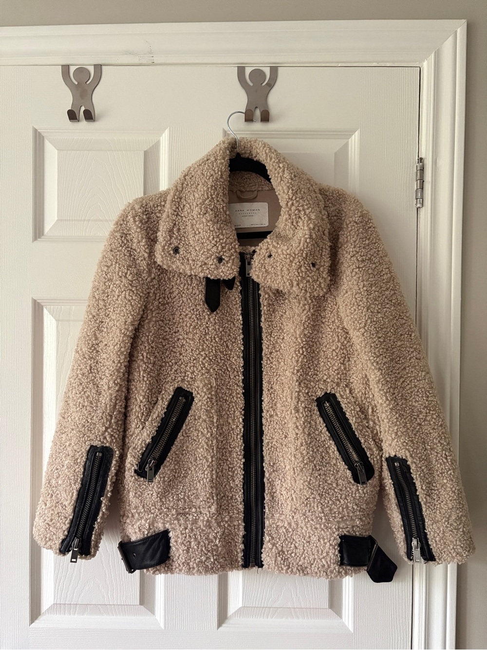 Zara Beige Teddy Sherpa Jacket with Black Trim Details